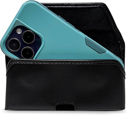 Miniatura 5 de Turtleback Funda de cuero de alta calidad para iPhone 16 Pro, 16e, 15 pro 14 Pro 13 Pro, tamaño mediano, soporte para cinturón de teléfono negro