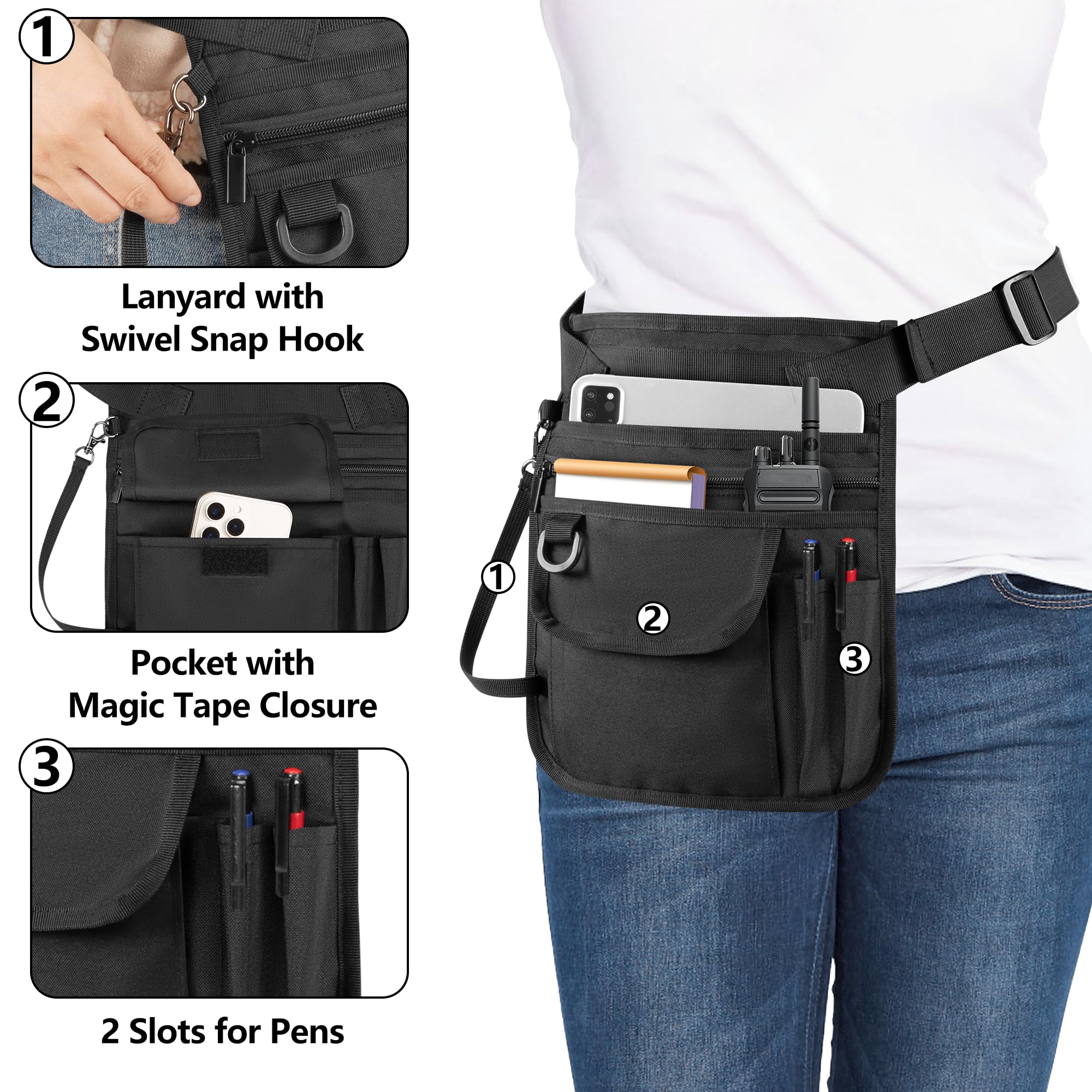 Bistro Server Half Apron For Women, Men | Charcoal Black Canvas With Tan Straps | Waist Style For Waitress, Waiter | Restaurant Professional - View #7