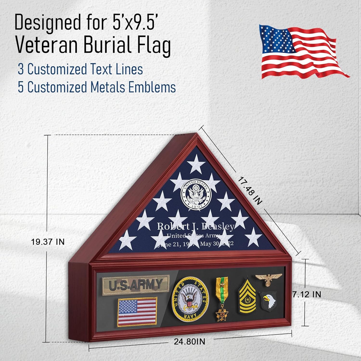 DIY Personalized Flag Display Case for 5'x9.5' Burial Flag - Glass Front Veteran Flag Display Box, Solid Wood, Wall Mount Military Memorial Shadow Box with Metal Letters and Logo Stickers - Red