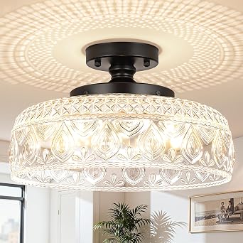 Modern 3-Light Glass Semi Flush Mount Ceiling Light Fixture Black | E12 Base, Dimmable, Vintage Globe Pendant Lamp for Kitchen, Hallway, Entryway, Bedroom, Living Room, Bulbs Not Included