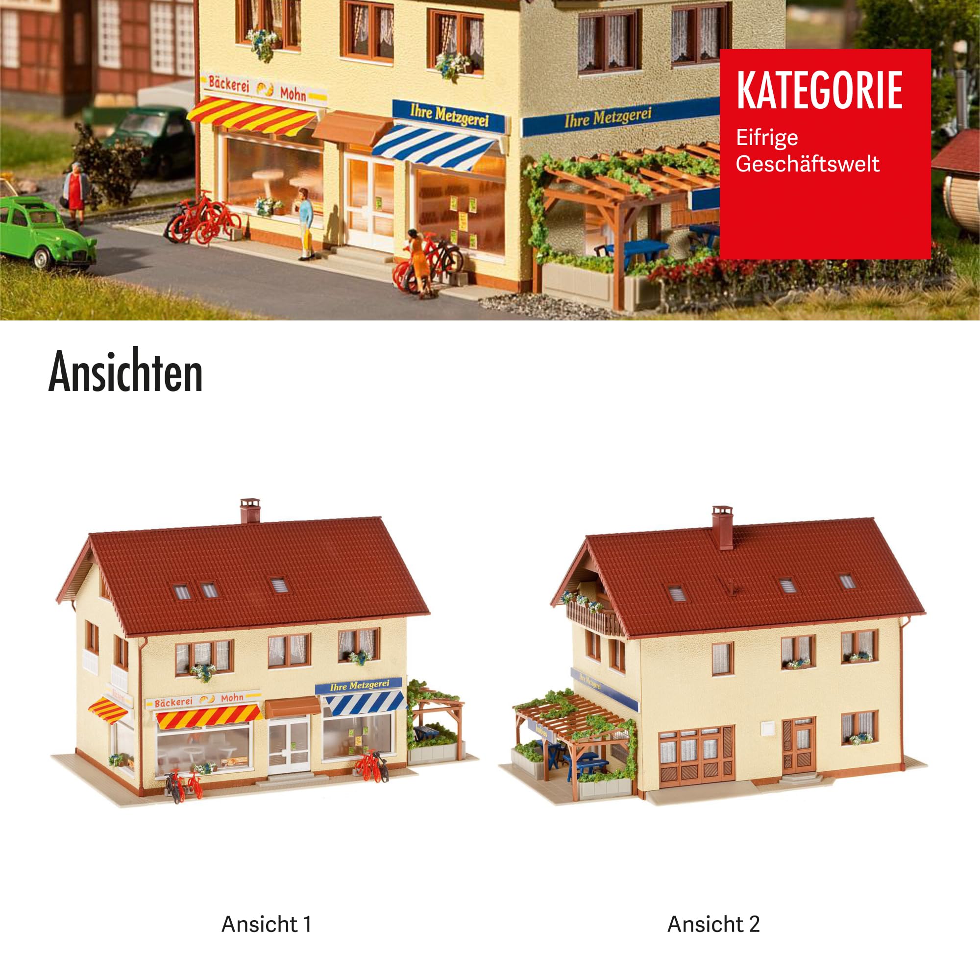 FALLER Metzgerei/Bäckerei Modellbausatz mit 569 Einzelteilen 190x125x125mm I Modelleisenbahn Zubehör H0 mit Fahrrädern I Modelleisenbahn H0 Metzgerei, Creme und Braun
