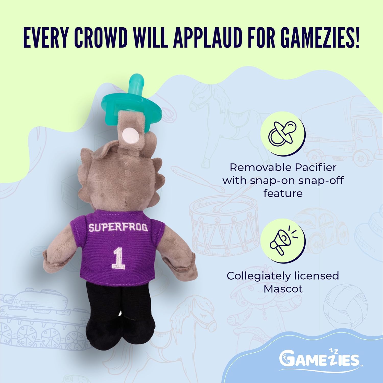 Gamezies Baby Boy and Girl Silicone Texas Christian University SuperFrog Mascot Pacifier Collegiately Licensed, SuperFrog, Removable, Washable Plush ToyCPSIA Tested, BPA-Free 0-6 Months