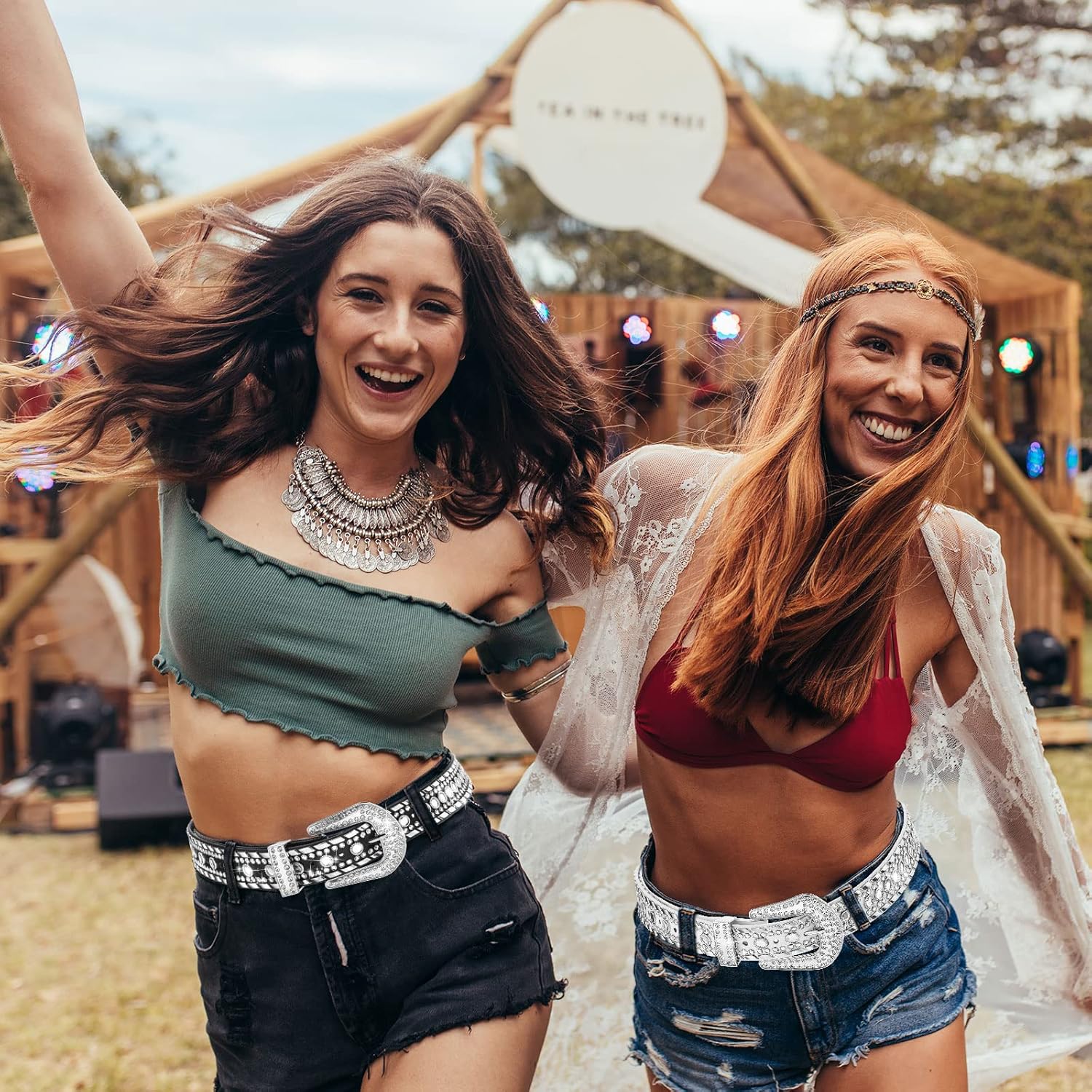 Geyoga 2 Pcs Rhinestone Belt for Women Bling Studded Western Cowboy Cowgirl Leather Belt for Jeans Pants(Fits Waist Size 31-37 Inch) - Image 3