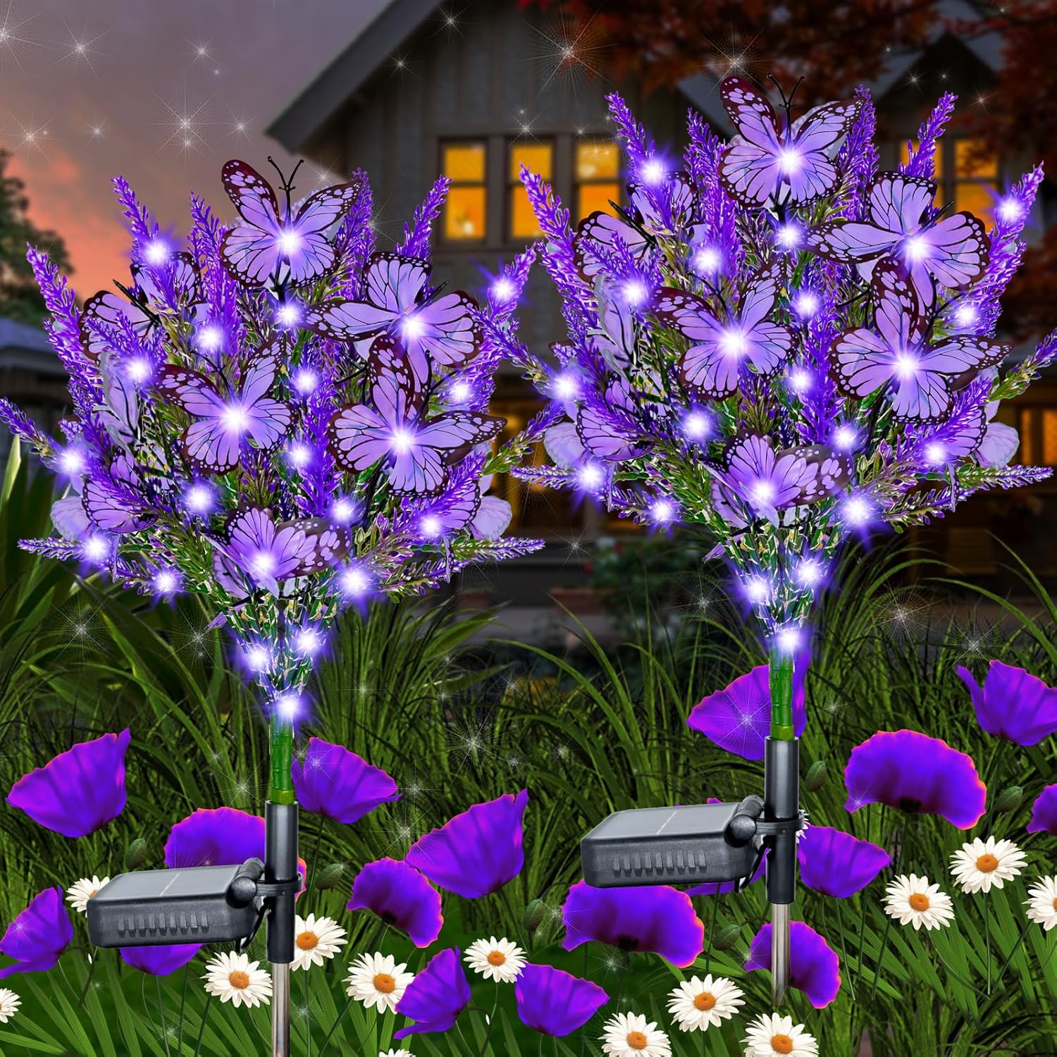 Solar Garden Flower Lights Artificial Lavender Outdoor Lights with Butterflies Waterproof for Yard Patio Lawn Pathway Landscape Decoration (Purple Lights)