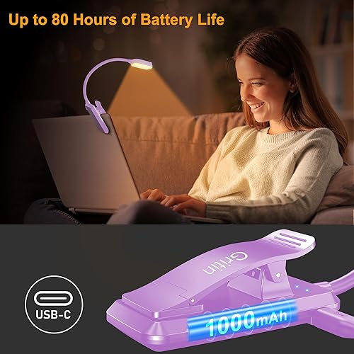 Miniatura 6 de Gritin Luz de libro recargable de 16 LED para leer en la cama, cuidado de los ojos, 3 temperaturas de color, brillo de atenuación continua, 80 horas