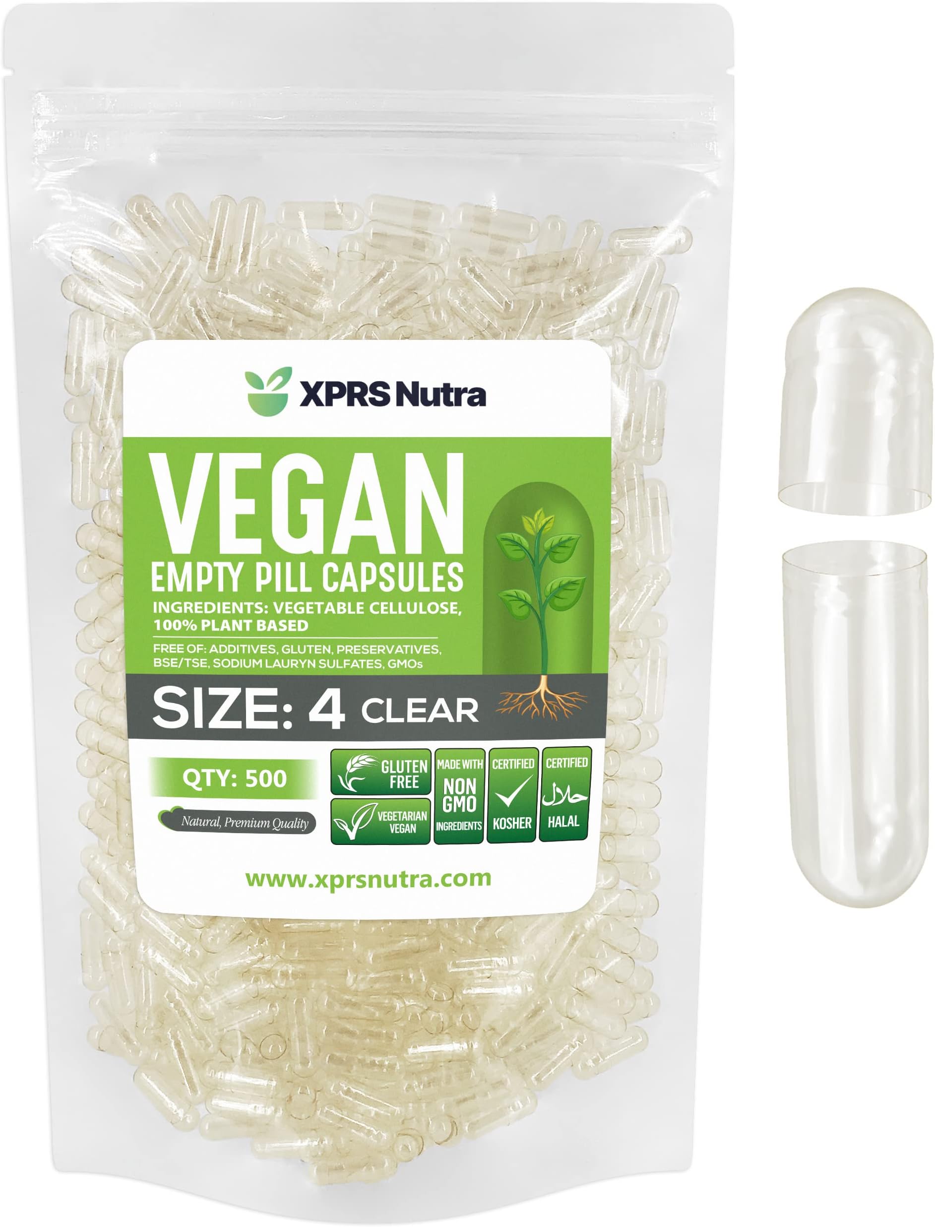 XPRS Nutra Size 4 Clear Empty Vegan Capsules 500 Count - Kosher and Halal - Vegetarian/Vegetable Pill Capsule - DIY Powder Filling
