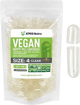 XPRS Nutra Size 4 Empty Capsules - 500 Count Small Clear Empty Vegan Capsules- Vegetarian Pills - DIY Vegetable Capsule Filling - Fillable Do-It-Yourself Caps for Supplements