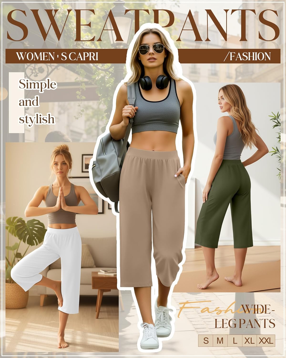 Huukeay 3 Pack Women's Capri Sweatpants Cozy Wide Legs Cropped Capri with Pockets Lounge Jogger Pants Workout Yoga Solid