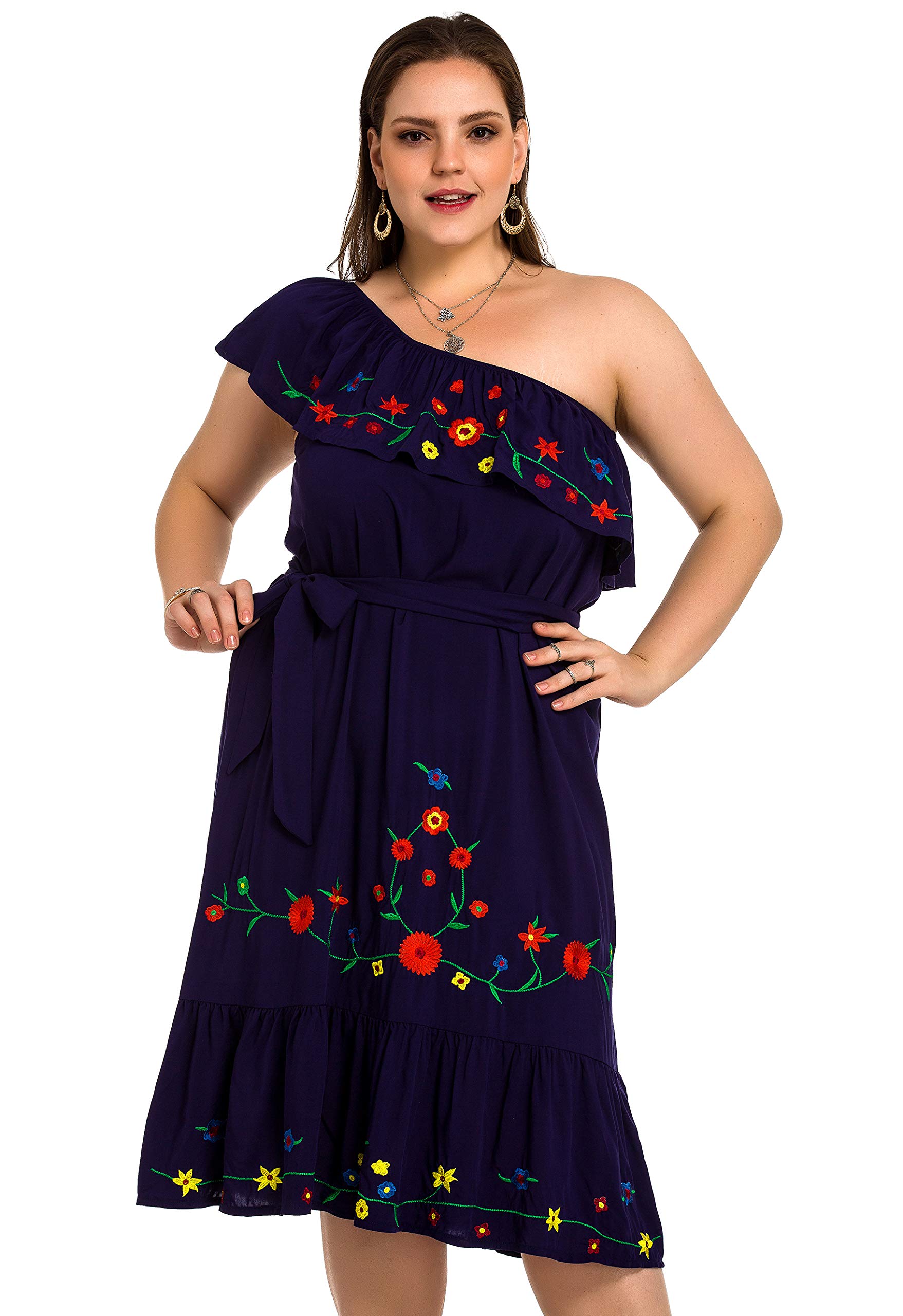 RED DOT BOUTIQUE851 - Plus Size Embroidered Off Shoulder Mexican Hawaii Floral Summer Sun Dress