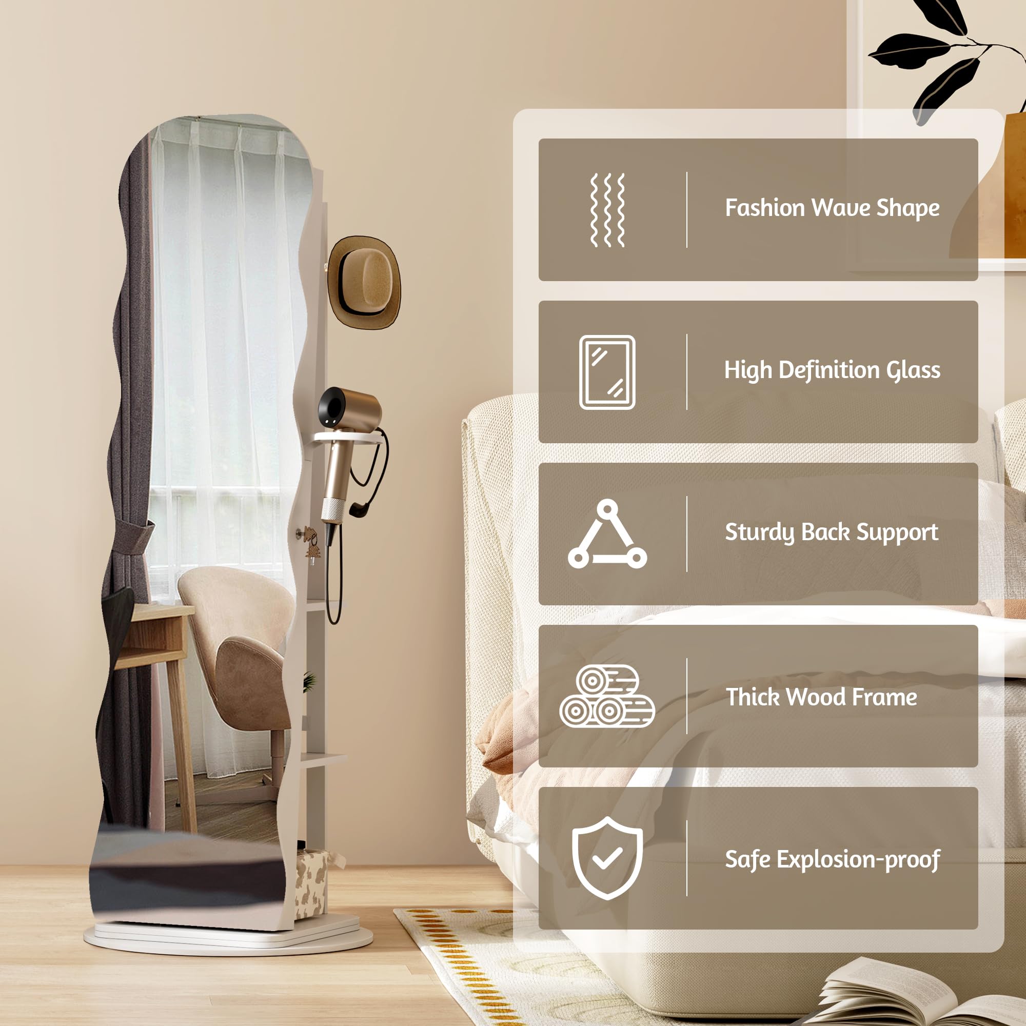 LVSOMT LED Schmuckschrank mit Gewellt Spiegel, 360° Drehbarer Schmuckschrank Abschließbar, Bogen Spiegelschrank Stehend Wohnzimmer Schlafzimmer, 3 Stufiges Regal & 3 Häkchen, Geschenke für Damen, Weiß