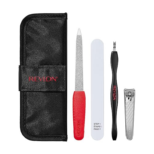 Revlon Manicure Essentials Kit with Travel Case, Nail Care Set with Cuticle Trimmer, Clippers, Emeryl File and Buffer, Stocking Stuffer for Her, 4
