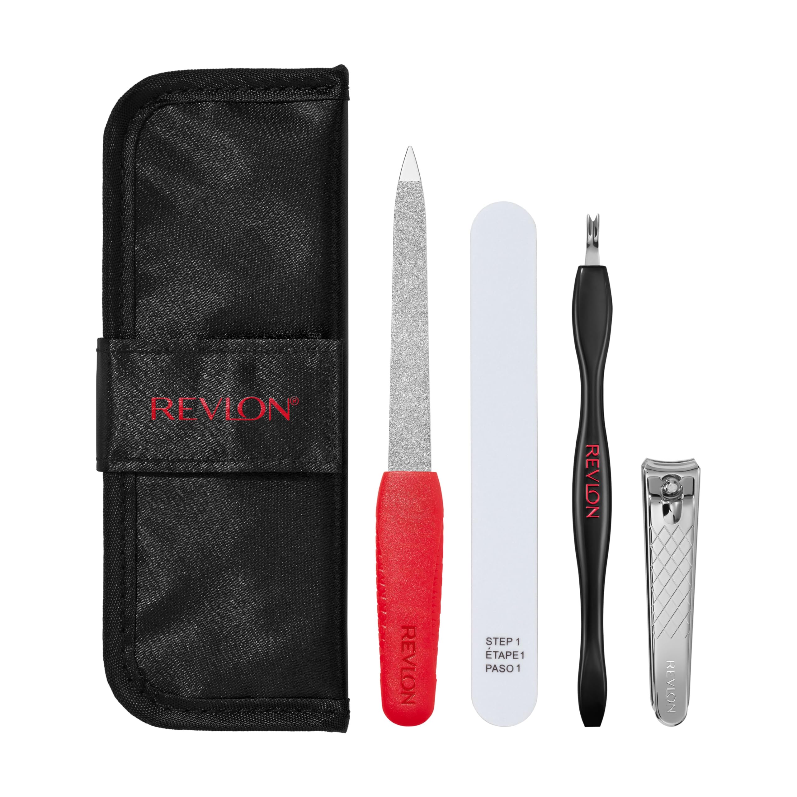 Revlon Manicure Essentials Kit with Travel Case, Nail Care Set with Cuticle Trimmer, Clippers, Emeryl File and Buffer, Stocking Stuffer for Her, 4 Count