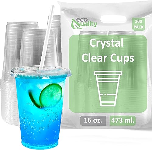 Vasos desechables grandes de plástico transparente con tapas y pajitas, 200 unidades, 16 onzas (onzas) taza de PET transparente para batidos fríos,