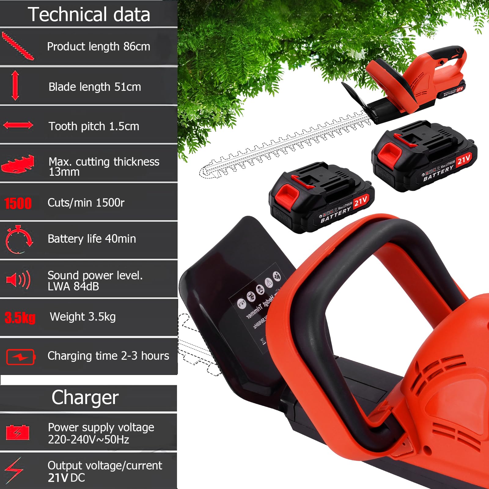 Cortasetos Inalámbrico 21V, Cuchilla Doble SK5 51cm, Corte 13mm, Cortasetos Eléctrico con 2 Baterías y Kit de Seguridad para Setos y Arbustos