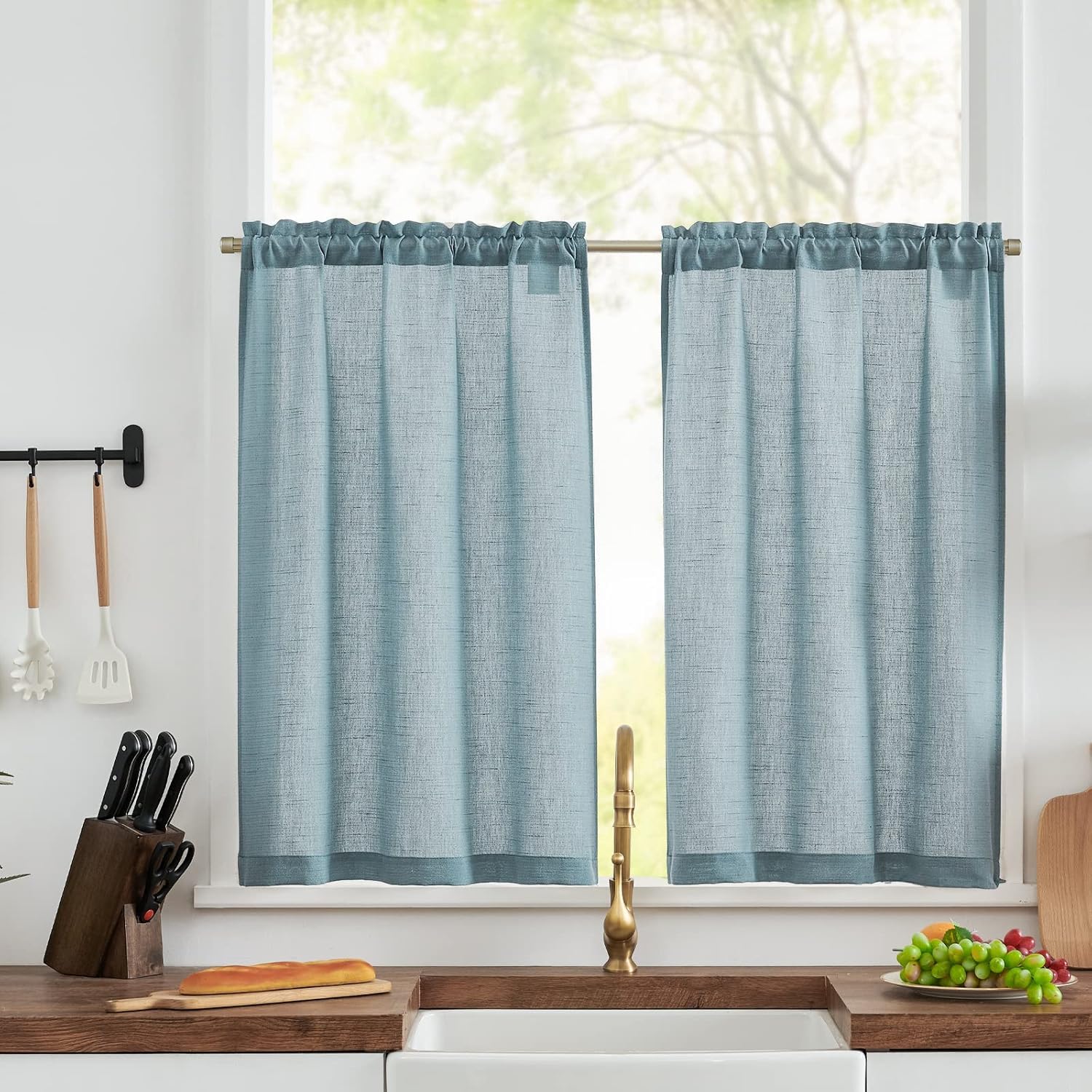 TOPICK Cortina para Cocina Translucida de Material Azul con Aspecto de Lino Moderna con Corredera para Riel - Ideal para Ventanas Cortas en Dormitorio, Habitación o Comedor - 2 Piezas 65x60 cm
