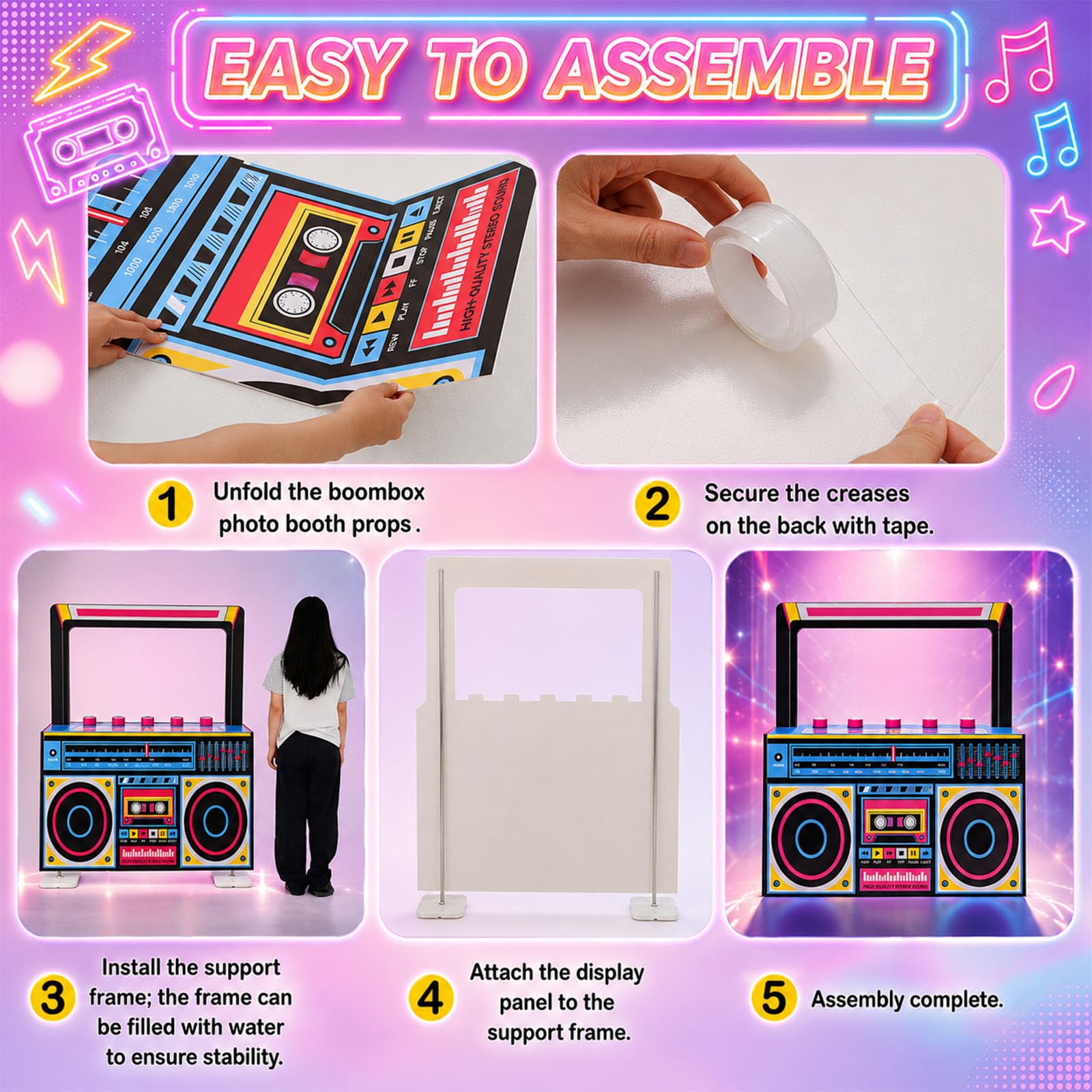 Pasimy 1,5 m Neon Boombox Photo Booth Puntelli anni '90 Retro Radio Speaker Selfie Frame Sfondo Cartone per 80s 90s Hip Hop Musica Tema Decorazione Festa di Compleanno Anni '80 Disco Rock Party