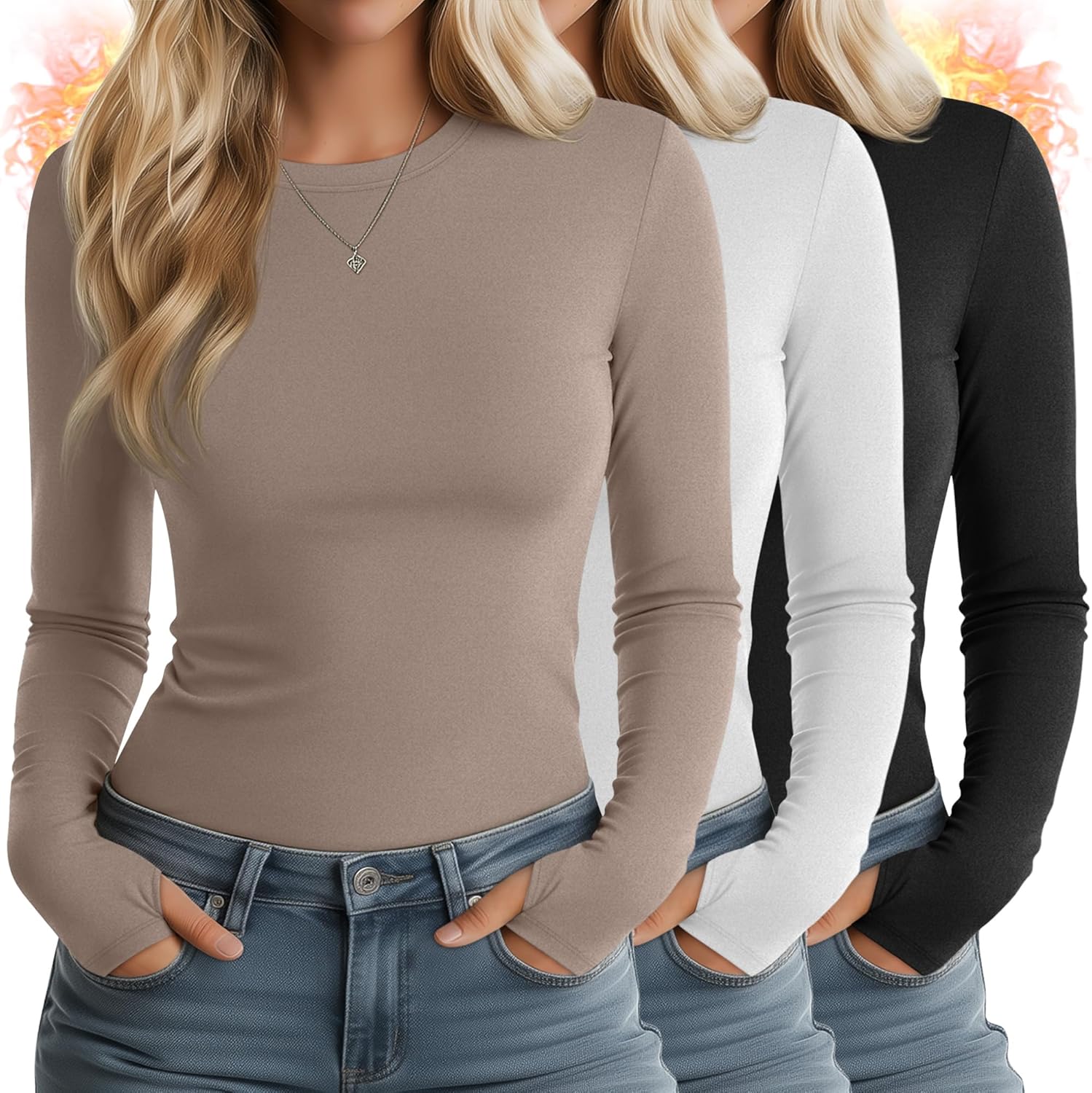 Huukeay 3 Pack Women's Thermal Shirts with Thumb Holes Long Sleeve Basic Tops Slim Fit T-Shirts Casual Soft Fleece Layer