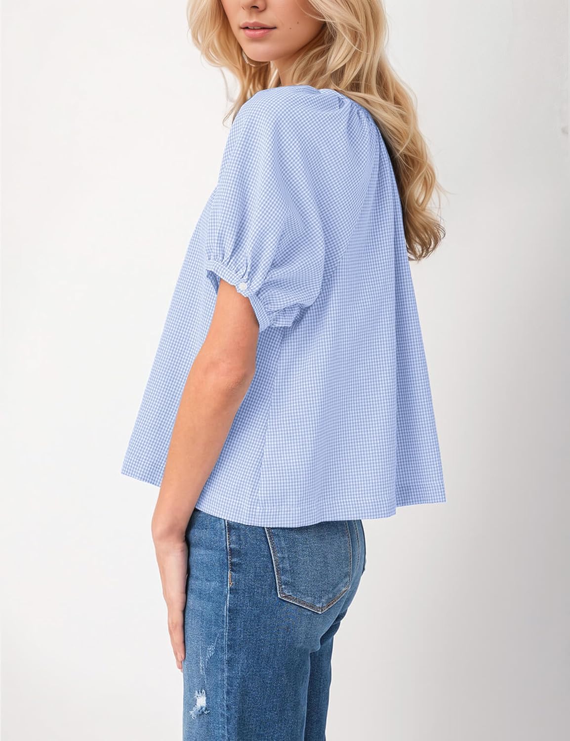 MISSACTIVER Plaid Puff Short Sleeve Shirts Women Button Down Crew Neck Babydoll Tops Summer Flowy Gingham Peplum Blouse - Image 2