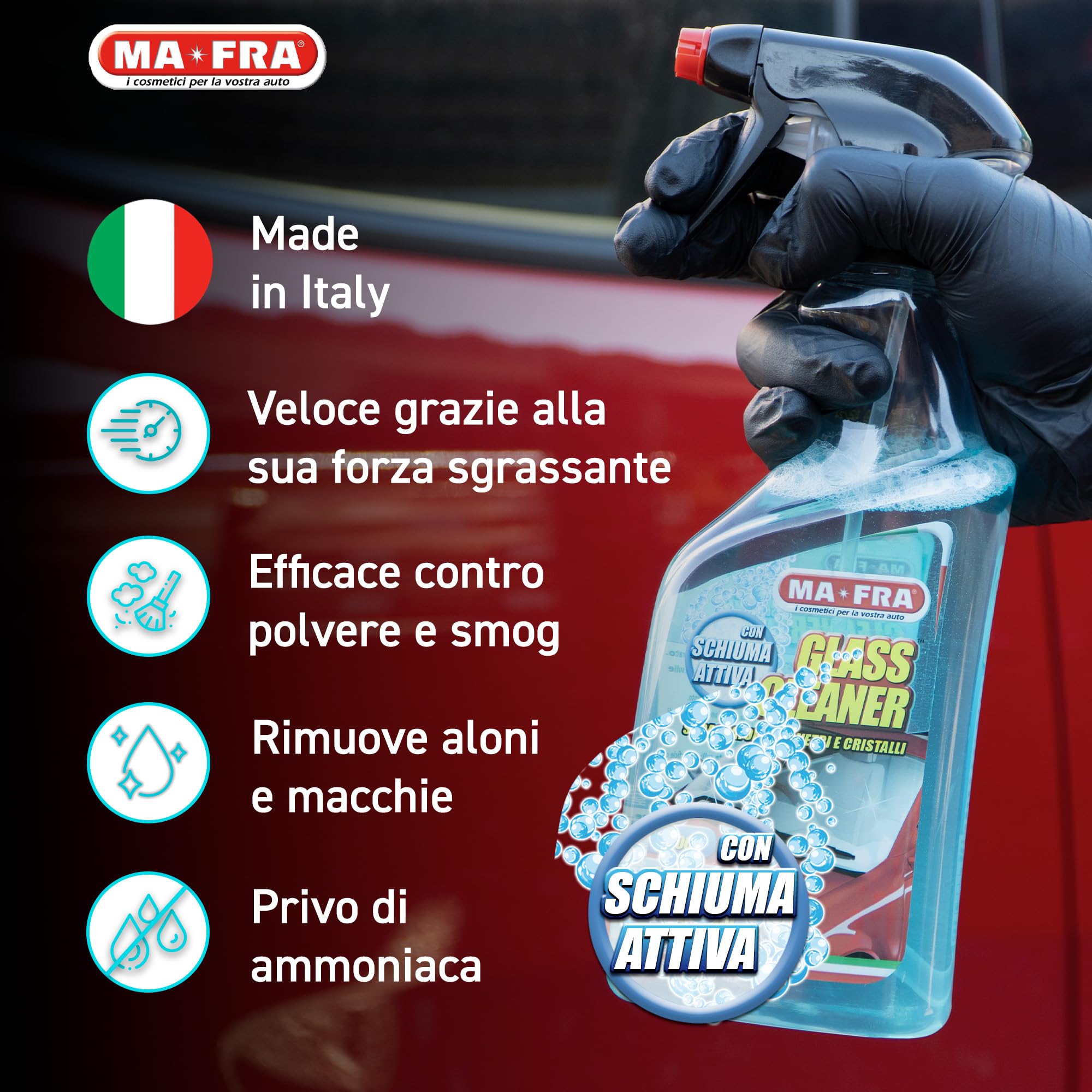 Ma-Fra, Glass Cleaner, Sgrassatore per Vetri e Cristalli, Ideale per la Pulizia dei Vetri Auto, Migliora la visibilità alla Guida, Elimina Ditate e Tracce di Smog, Non Rilascia Residui o Aloni, 500ml