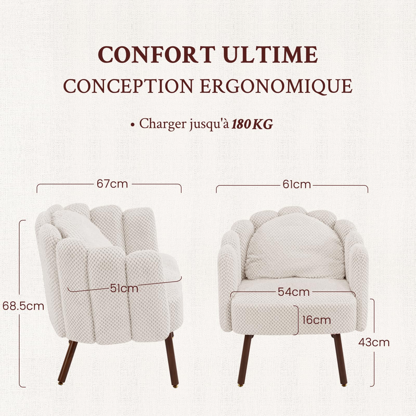 Fauteuil de Salon avec Coussin, Fauteuil Coiffeuse avec Dossier Pétale, Chaise Coquillage avec Pied Bois Chaise Coiffeuse Coussin Confortable pour Salon Bureau Chambre (Beige, Lot de 2)