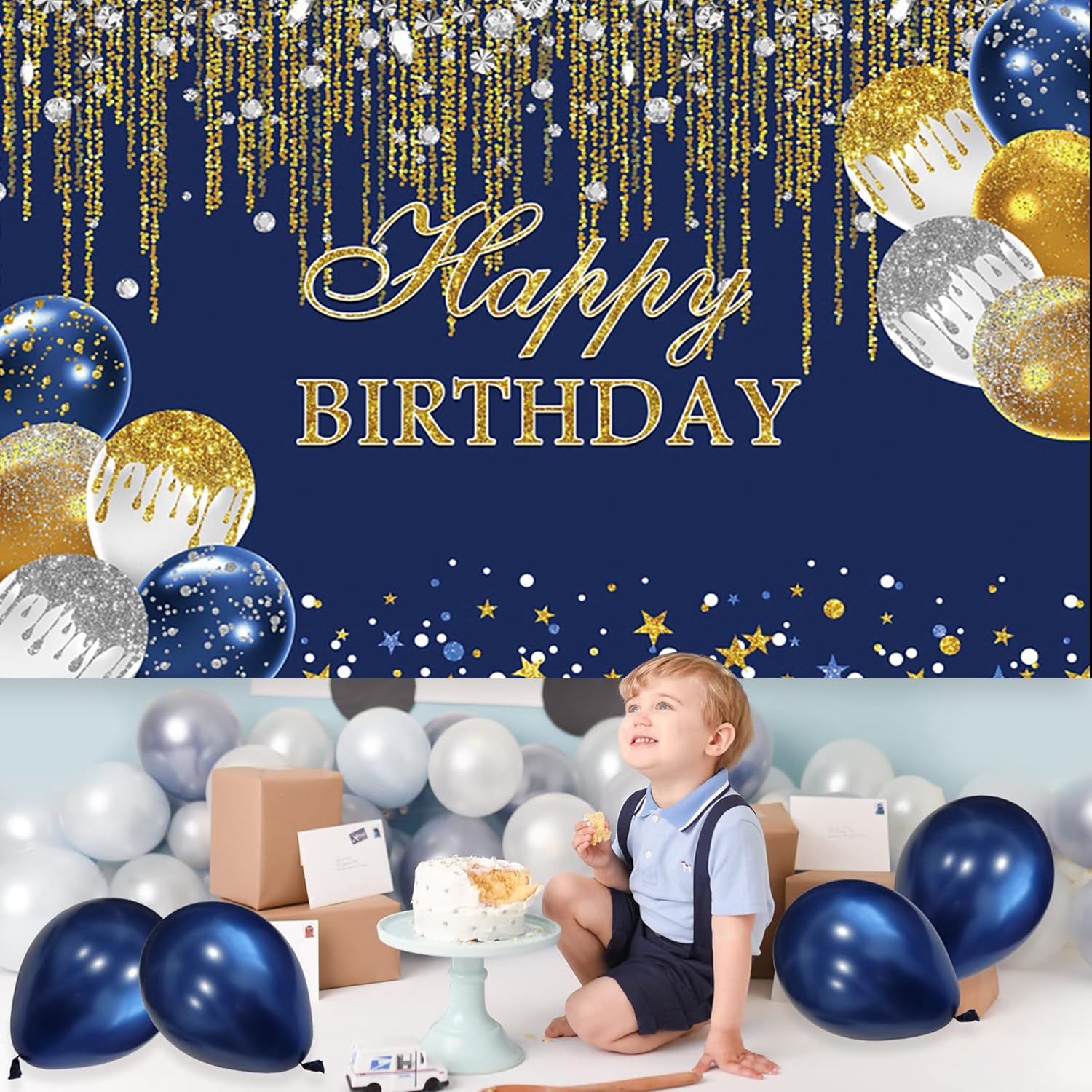 3,6 x 3 m blauer und goldener Happy Birthday-Hintergrund, Glitzer, goldene, silberne Punkte, Diamanten, Luftballons, Geburtstag, Fotografie, Hintergrund, Jungen, Männer, Geburtstagsparty
