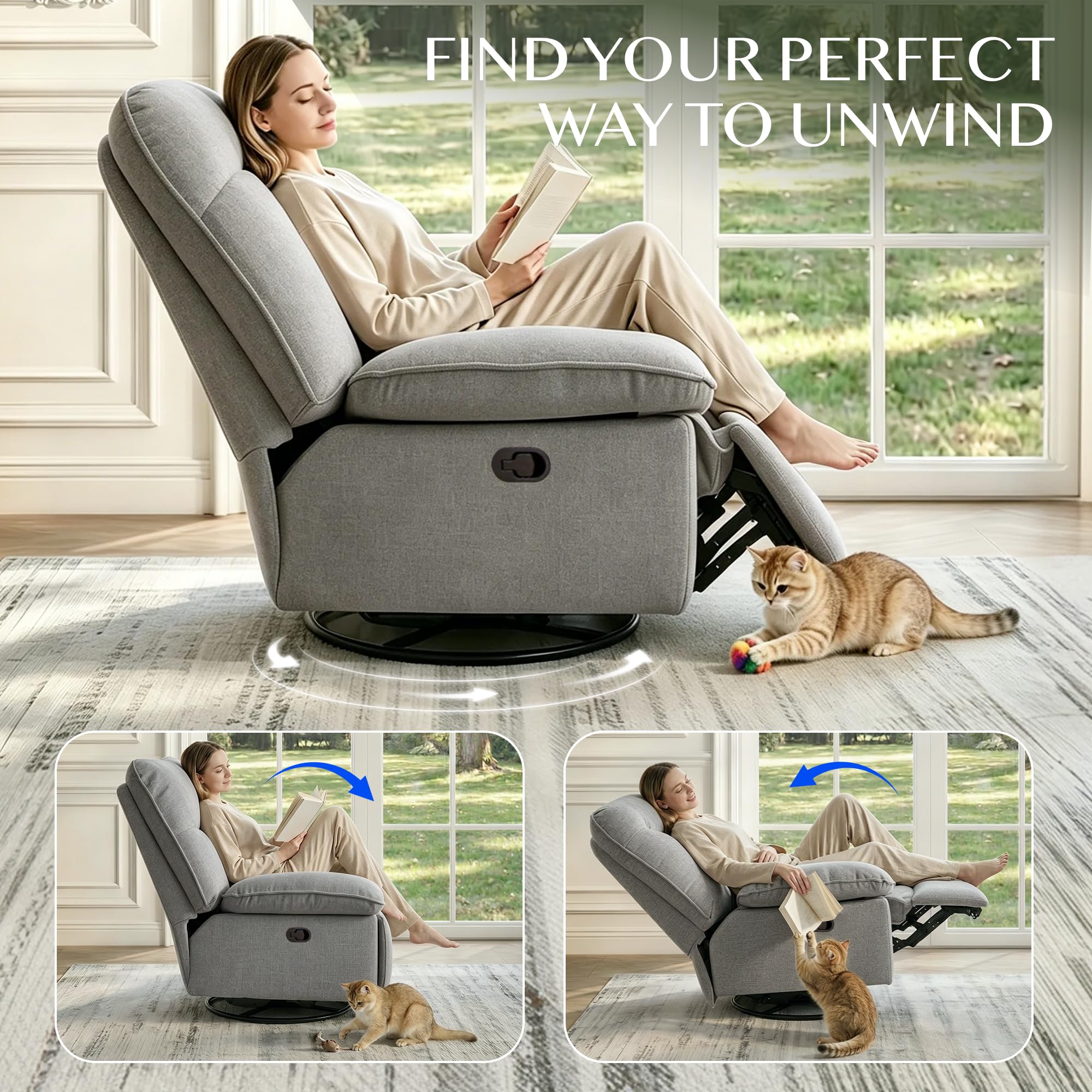 FLEXISPOT XC6 Sillón Relax, Sófa Giratorio con Función Balancín, Sillon TV con Respaldo Ajustable, Silla Reclinable para Dormitorio, Salón y Cine en Casa (Gris Claro)
