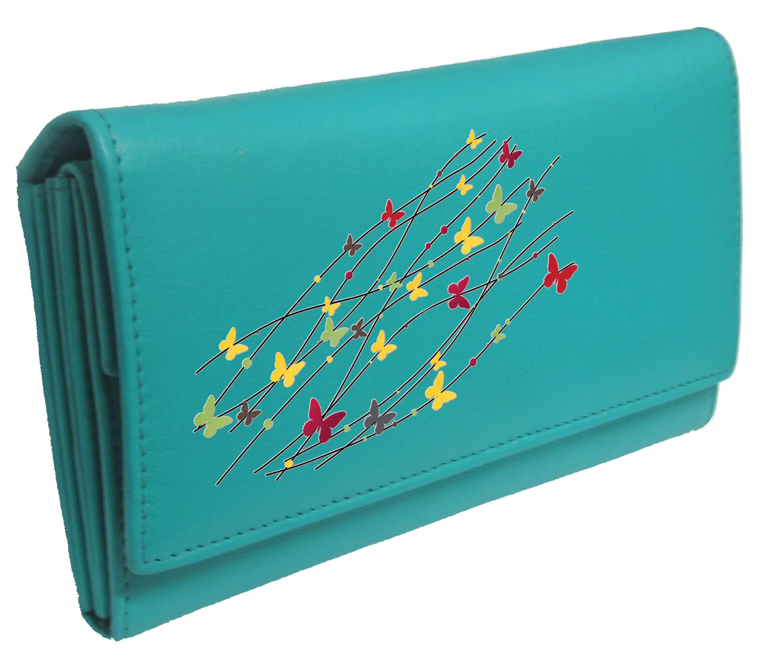 Klassek Butterfly Stems Womans Turquoise Purse Brand Image on Real Animal Leather on Buterfly Stalk Accessory Gift