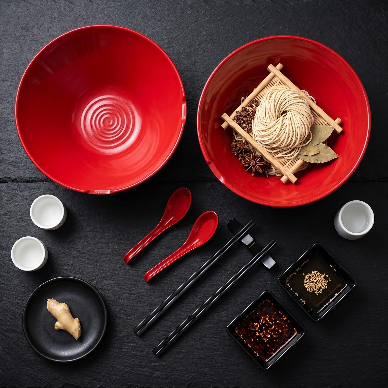 Unbreakable Melamine Ramen Bowl Set （4 piece set）– Red&Black image 5