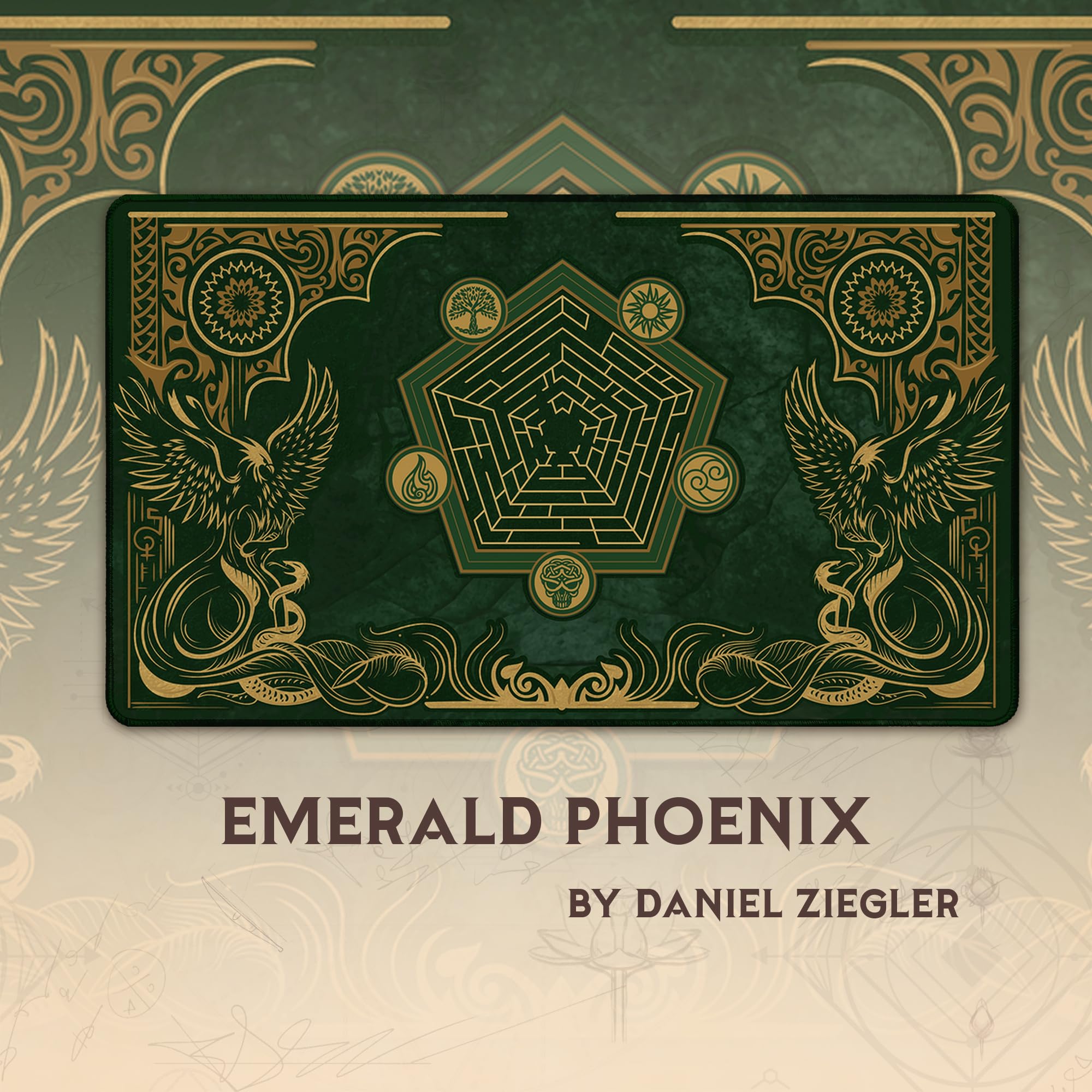 Emerald Phoenix (Stitched) MTG Playmat Compatible with Magic the Gathering YuGiOh TCG Original Play Mat Art Design
