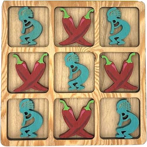 Tic-Tac-Toe Juego de mesa de madera 3D, juego de mesa grande decorativo con chile y piezas Kokopelli, 8 x 8 pulgadas