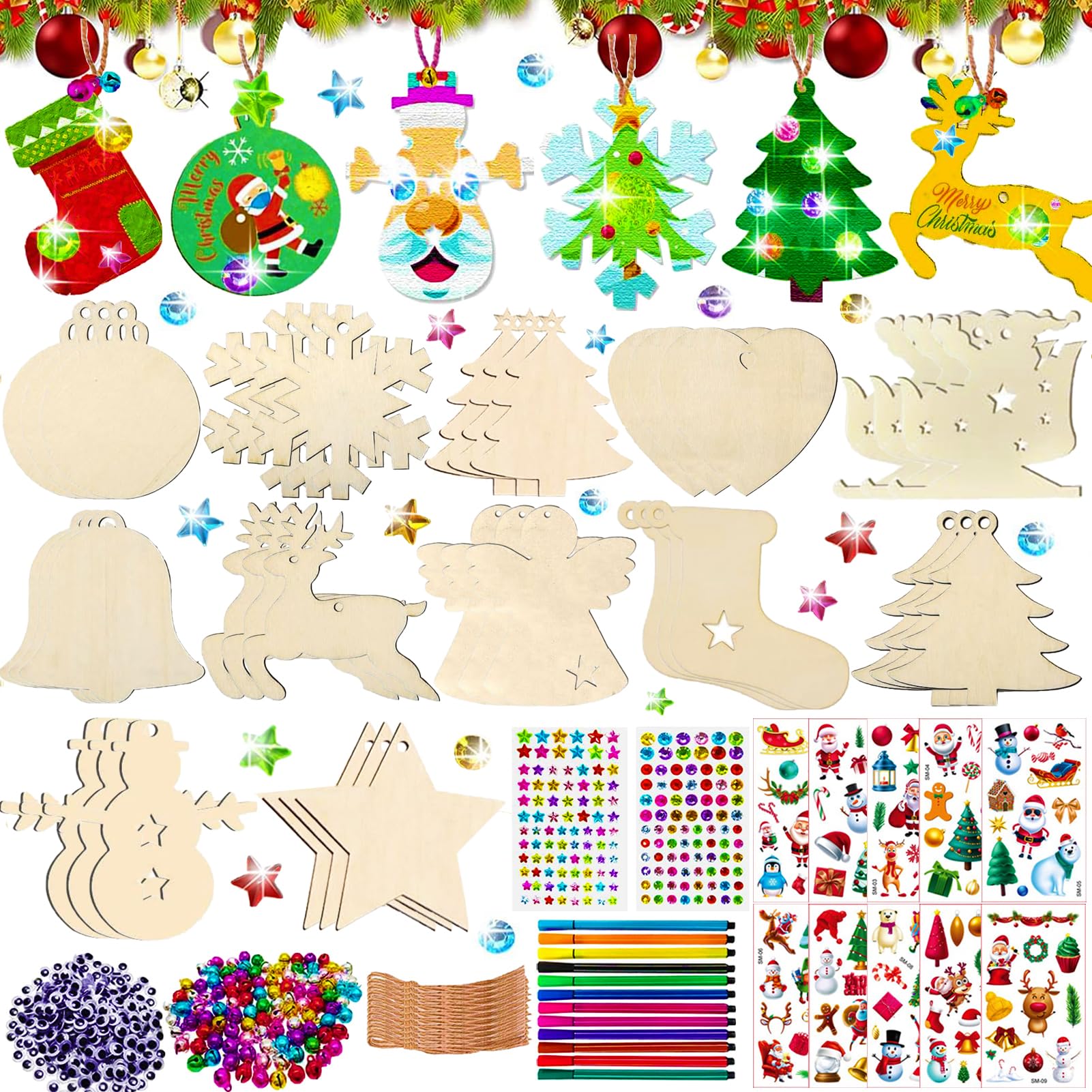 360Pcs Bastelset Weihnachten Kinder,Holzanhänger Weihnachten Deko,Basteln Weihnachten Kinder,mit Glocken Augen Schnüren Strasssteinen Aufklebern,Christbaumschmuck und Weihnachtsgeschenke für Kinder