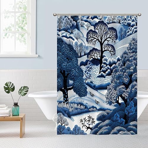 Miniatura 37 de Cortinas de ducha de baño con ganchos, 72 x 92 pulgadas, cortina de ducha de tela impermeable con diseño de flores y pájaros, cortina de ducha