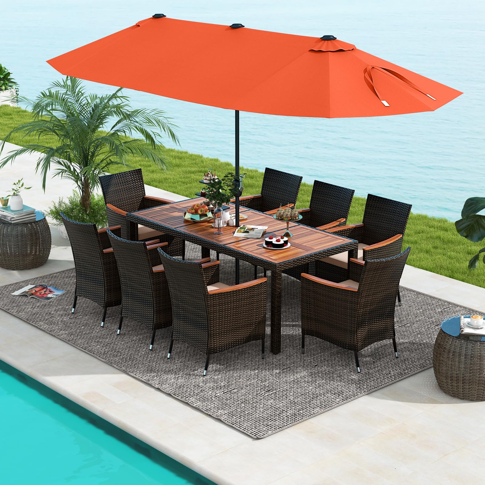 Tangkula 10 Piece Patio Rattan Dining Set with 15Ft Double-Sided Umbrella, Outdoor Heavy Duty Acacia Wood Table and Stackable Wicker Chairs Set,