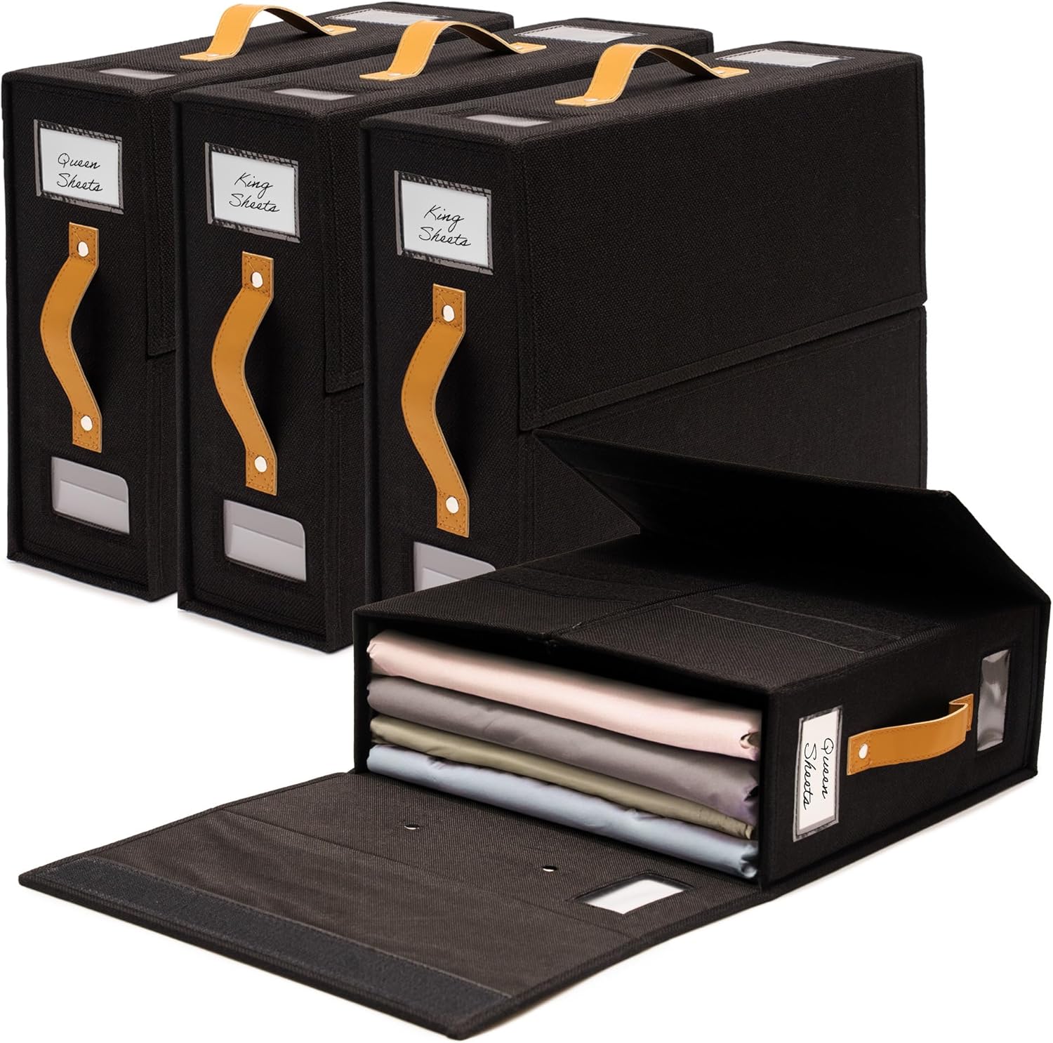 Sheet Organizers and Storage Bags for Bed Sheets, Linen, Blankets, Bedding - Under Bed or Closet Storage Boxes with Dual Handles and Organization Labels - (Black, 4-pack)