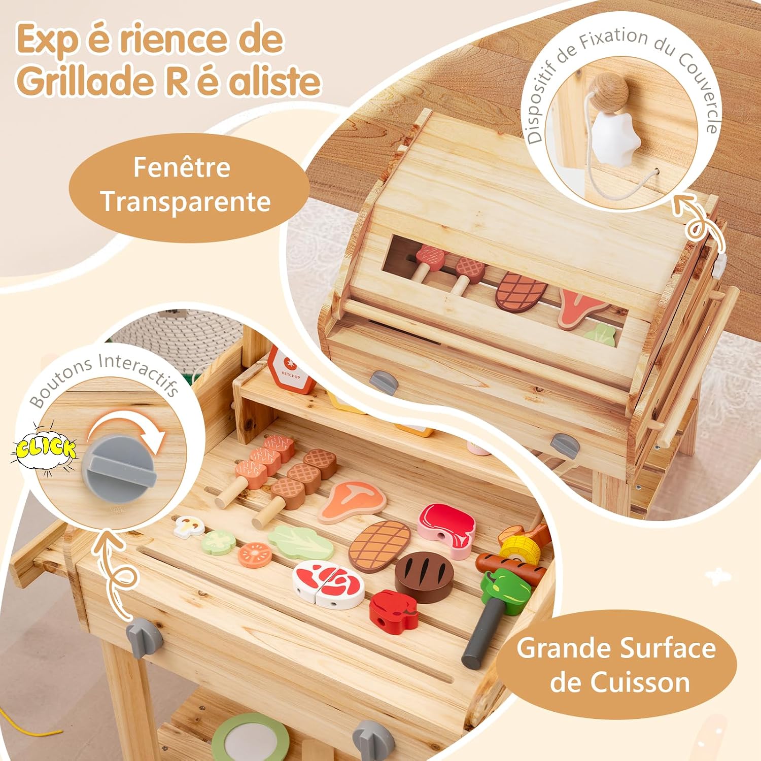 Close-up of the GOPLUS Wooden BBQ Set showing interactive buttons, a transparent window, and various play food items on the grilling surface.