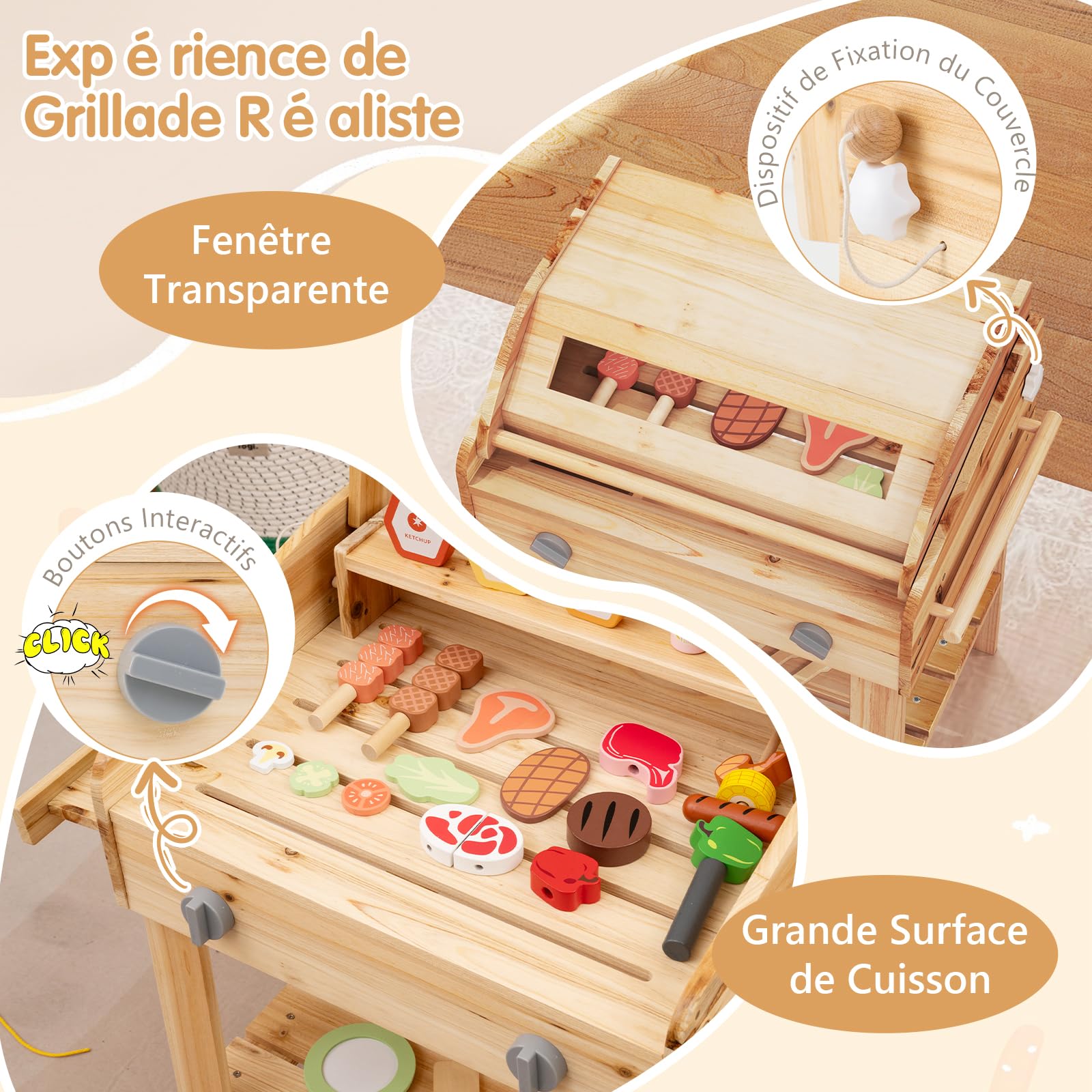 GOPLUS Barbecue en Bois Enfant, Jeu BBQ Set avec Nourriture de Jeu, Outils de Gril et Bouteilles d'Assaisonnement, Jouet de Cuisine Intérieur/Extérieur pour Enfant 3+ Ans