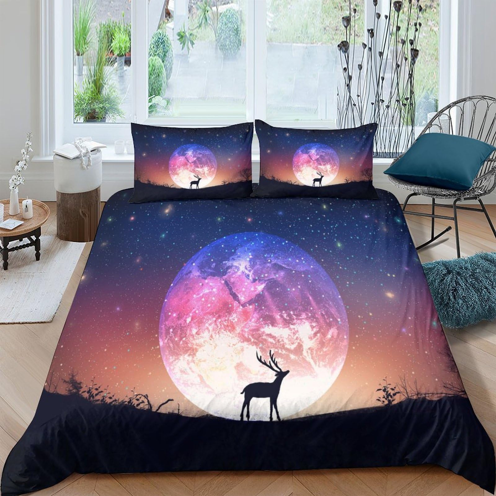 Ctjqhvkz Style-2 3D Printed Deer Moon Fitted Sheet Microfiber Soft Breathable Night Sky Bed Cover For Bedroom Guest Room Decor Single（135X200cm）