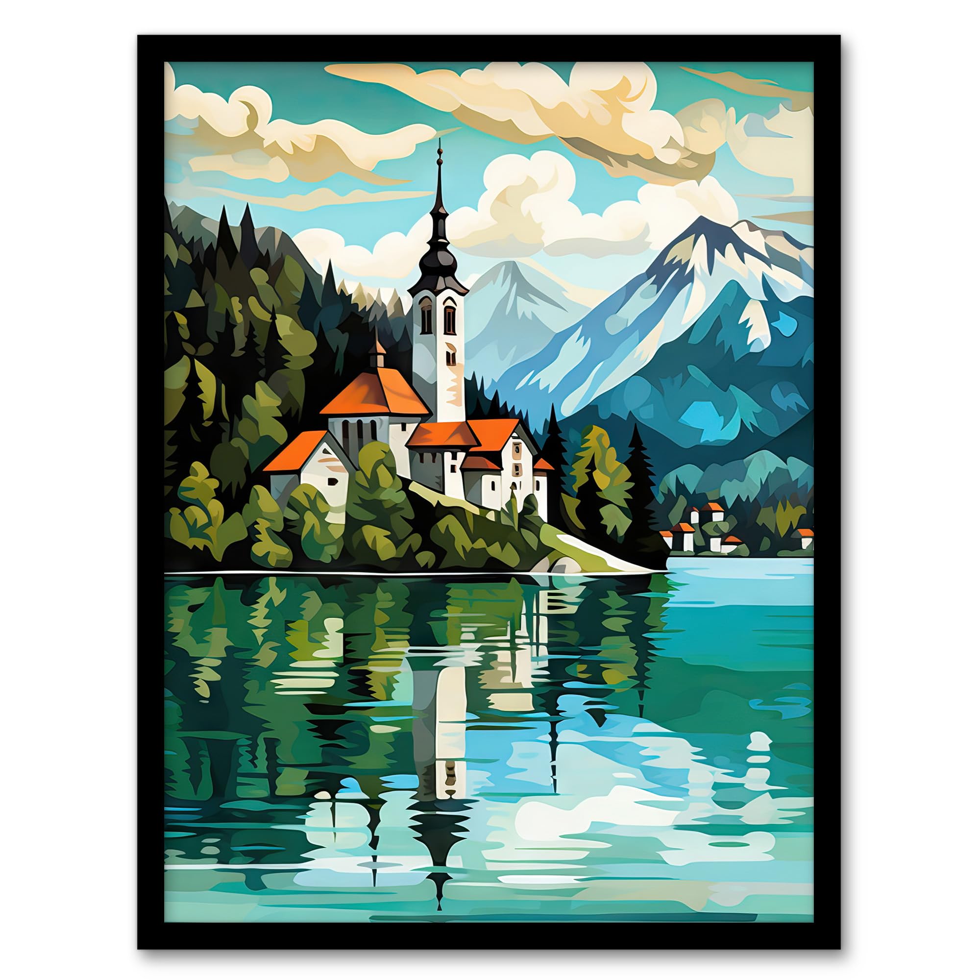 Artery8 Lake Bled Vibrant Artwork Slovenia Island With 17th Century Church Reflecting On Turquoise Waters Artwork Framed Wall Art Print 18X24 Inch