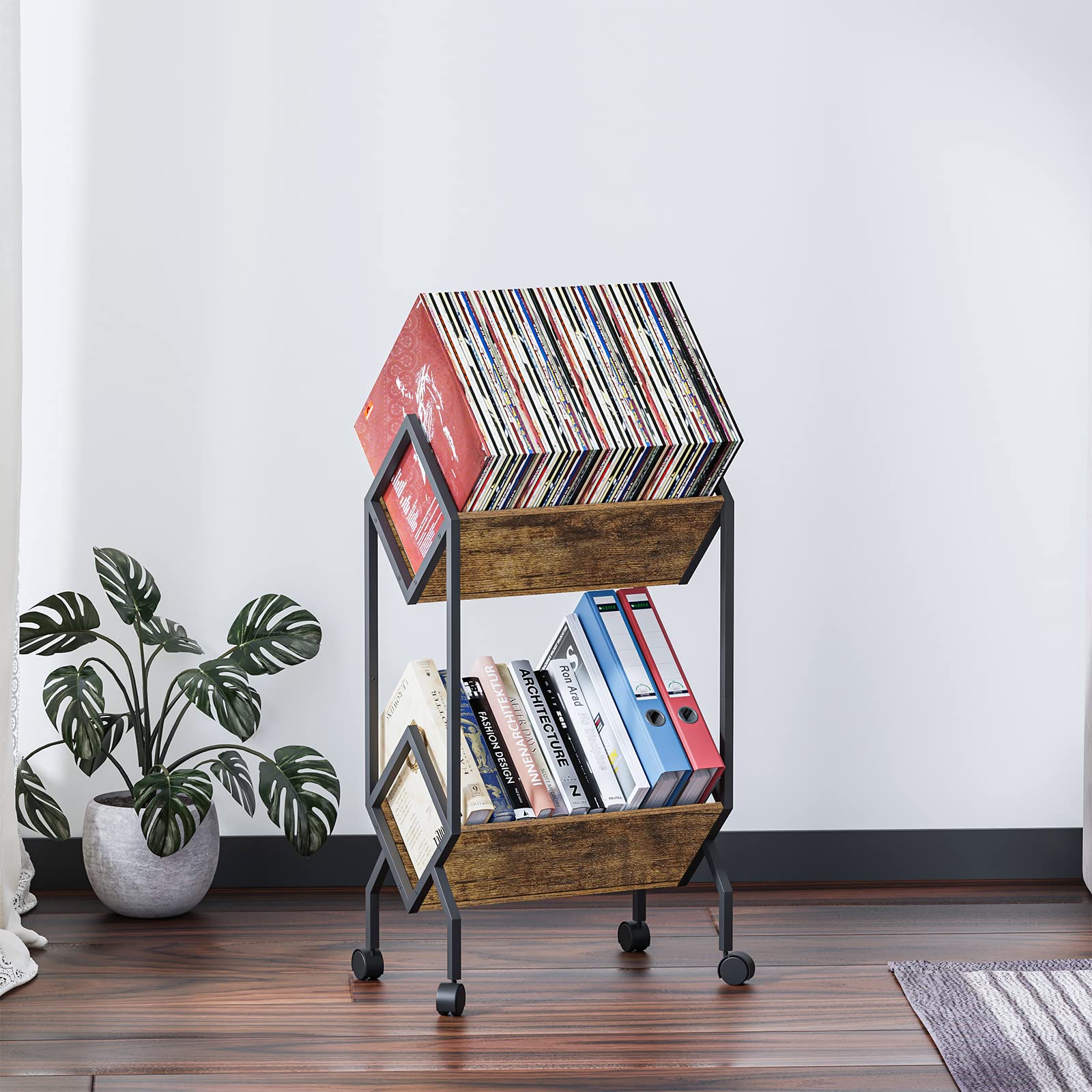Giikin 2-Tier Vinyl Record Storage Holder, Holds up to 160-200 LPs, Mobile Metal and Wooden Vinyl Record Organizer Stand with Casters, Storage, Protects Vinyl - Organize Albums - Book, Magazine, Files