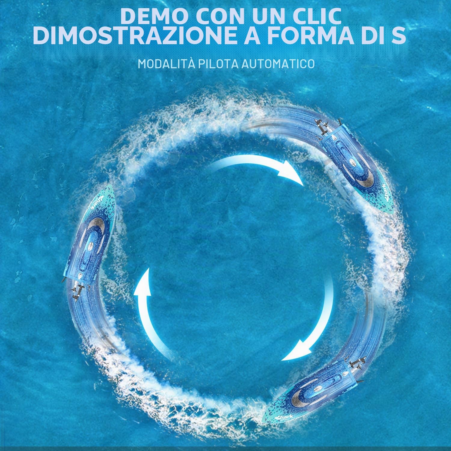 DEERC Barca RC con luce LED, barca a squalo telecomandata per piscine e laghi, barca radiocomandata da 20 km/h, barca da corsa da 2,4 GHz
