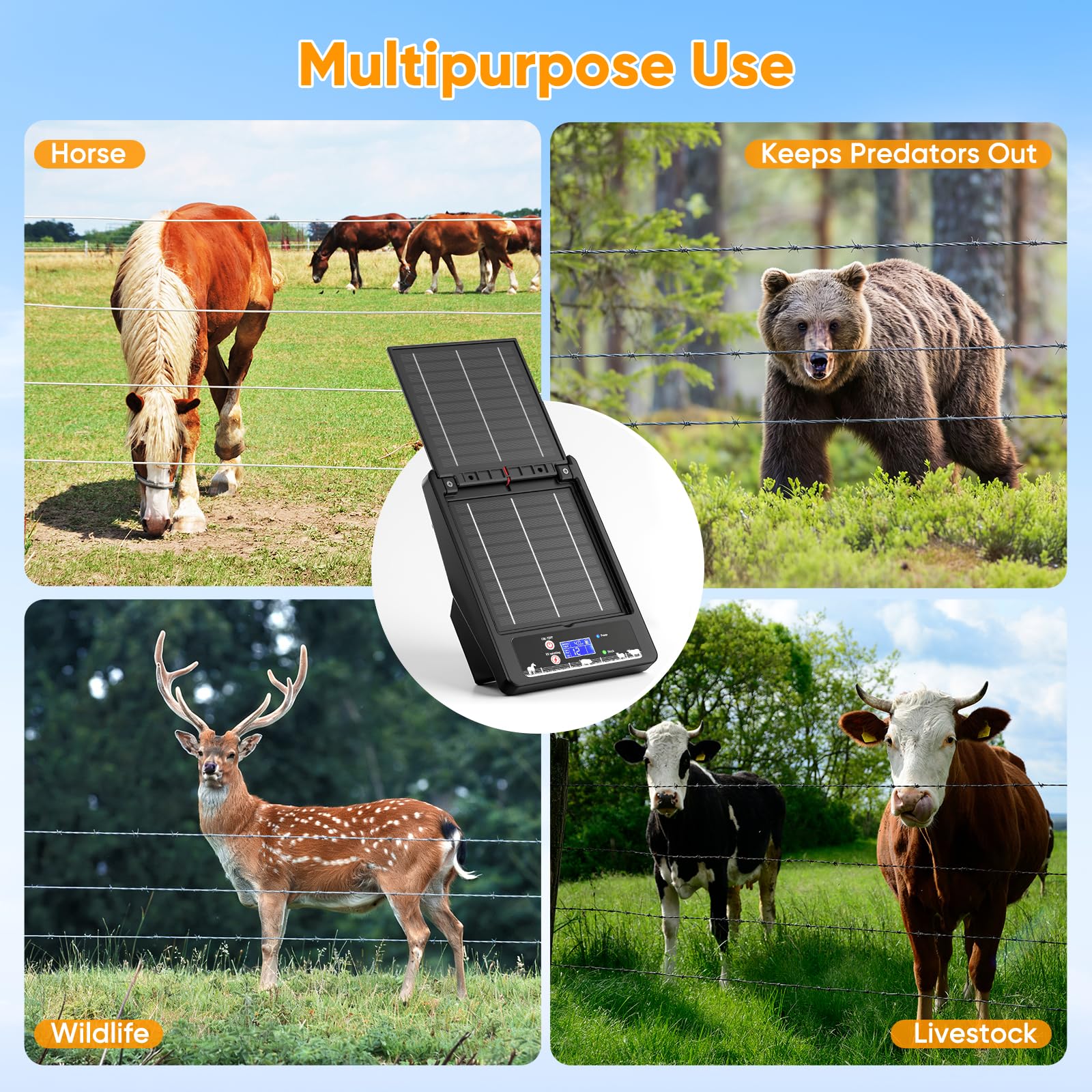Kit de valla eléctrica con energía solar, 6-12 kV, voltaje ajustable, 0,3 – 2,0 J, batería de 18000 mAh, dos paneles solares de 10 W, alcance de 32 km, IP55 impermeable, para agricultura, jardín