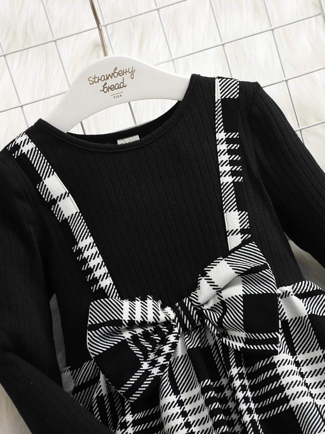 WDIRARA Toddler Girl's Plaid Bow Front Ribbed Knit Round Neck Long Sleeve A Line Dress - Image 6