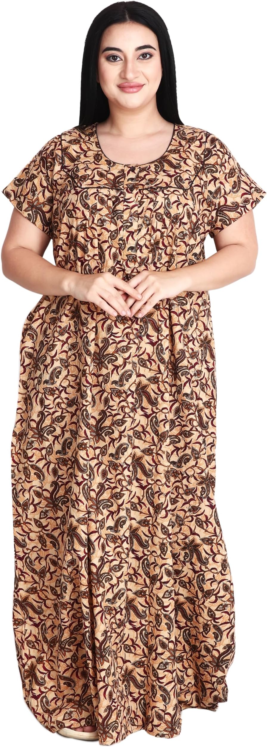 OSFWomen's Printed Cotton Floral Maxi Round Neck Full Length Nightwear Night Gown Nighty (Pack of 1, NW0394)