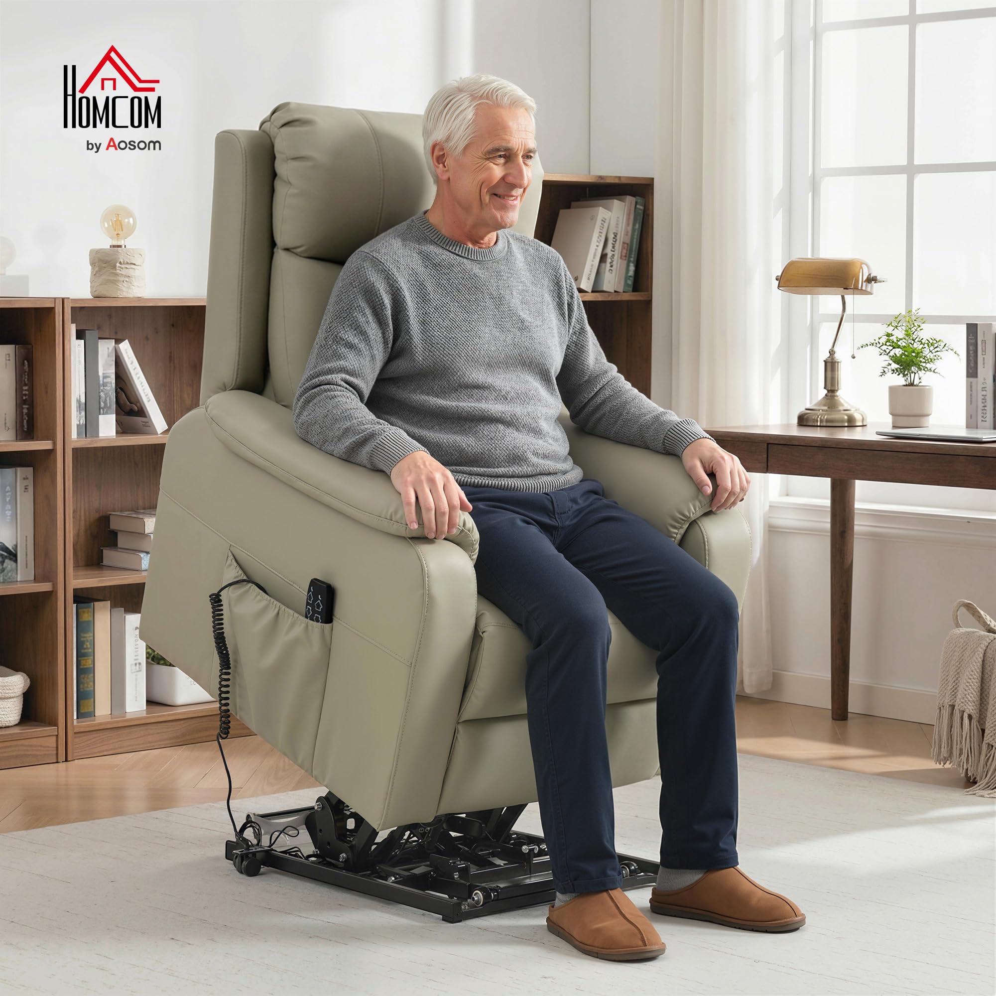 HOMCOM Fauteuil releveur électrique, Fauteuil Relax électrique, Double Moteur, Dossier inclinable, Coussin à Ressorts, Larges accoudoirs, Repose-Pied, roulettes, télécommande, Poches latérales, crème