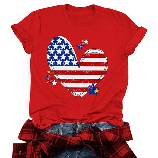 VVNTY American Flag Heart Shirt Women Patriotic T-Shirt 4th of July Graphic Tees Shirts USA Flag Star Stripe Tops