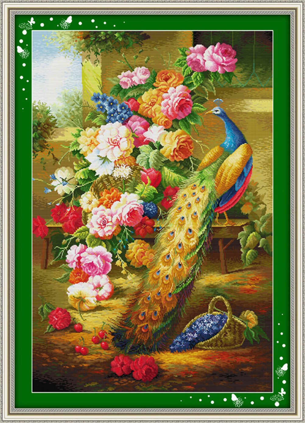 YEESAM ART nowy zestaw do haftowania ściegiem krzyżykowym – bogactwo i honor, paw i kwiaty, 14 CT 66 × 95 cm, zestaw do haftowania białe płótno żaglowe – szycie, rękodzieło, prezent na Boże Narodzenie, zestaw do ściegu krzyżykowego