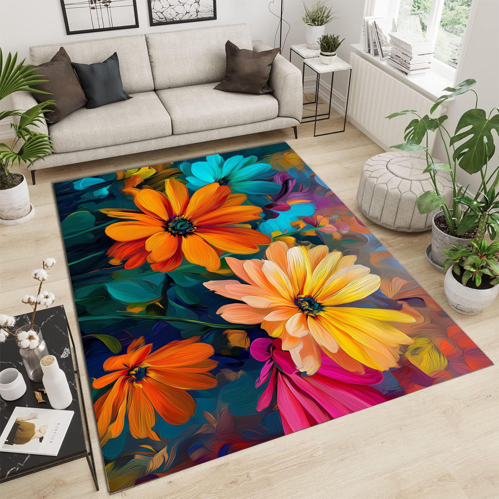 Grand tapis style peinture à l'huile multicolore au fini artistique haut de gamme