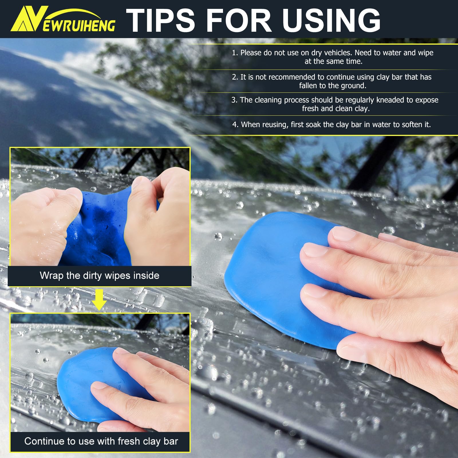Barra de arcilla para coche, 4 unidades, 400 g, Auto Car Clay Bar Bares de arcilla limpios para limpieza de coche, descontaminación del coche, cuidado de la pintura y limpieza del vidrio (1, azul)