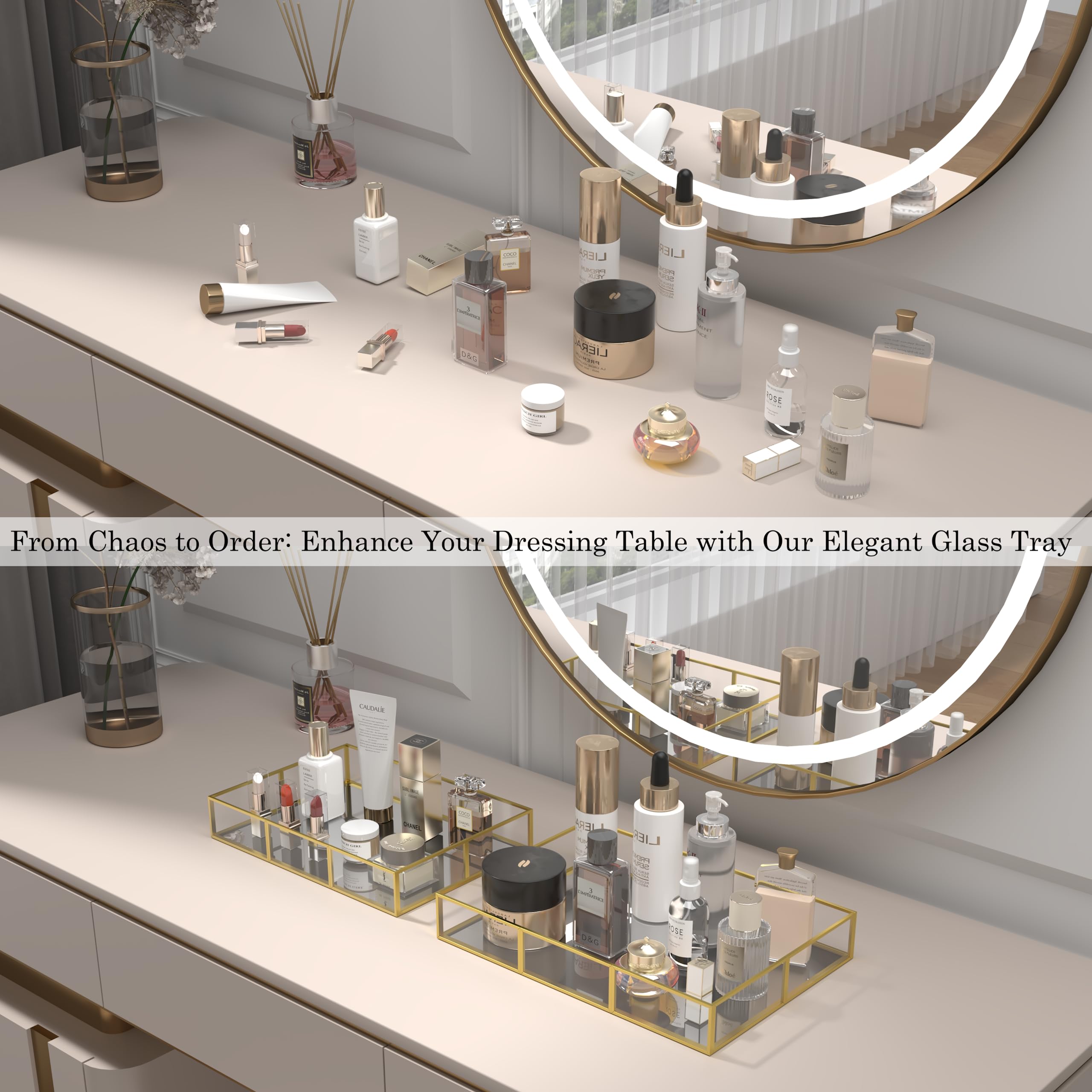 Set 2 Gold Tray Vanity Tray, Bathroom Tray with Metal Frame, Decorative Tray Perfume Tray for Dresser Bathroom Jewelry or Home Decoration (L+S)