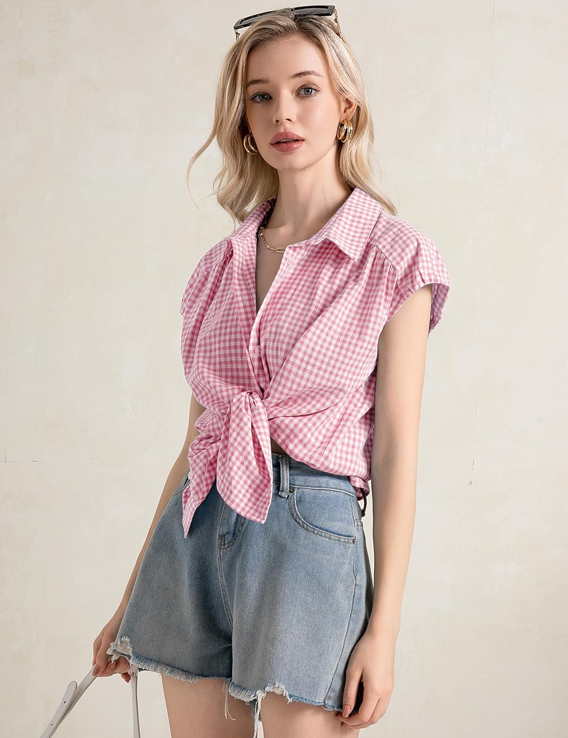 LOMON Womens Button Down Shirts Short Cap Sleeve Summer Cotton V Neck Collared Stripes Blouses Casual Plaid Tops - Image 4